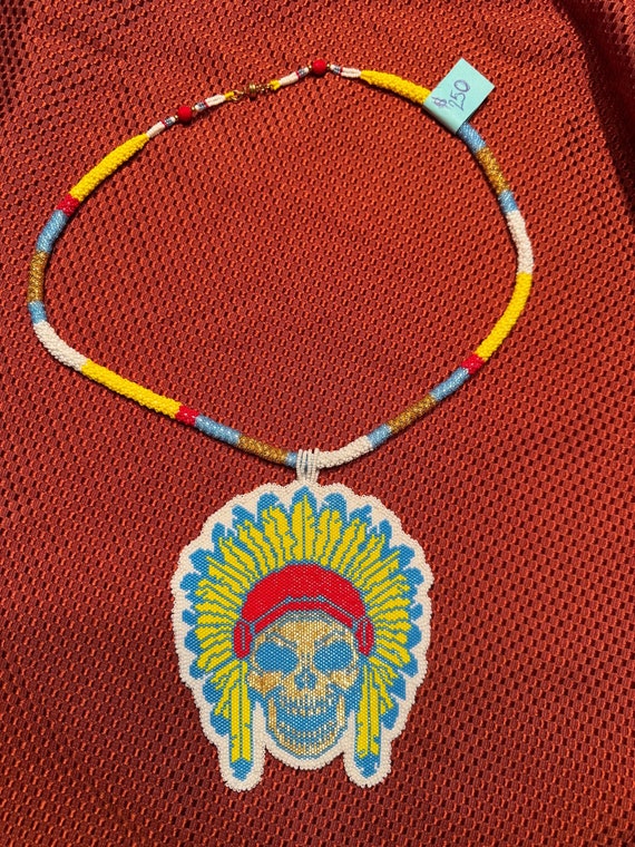Hand Beaded Native American Medallion - Skull Headress - Etsy
