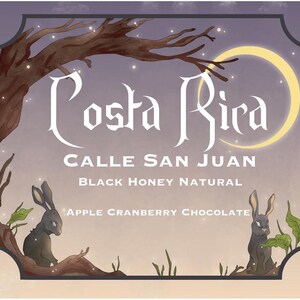 May include: A vintage-style label with a crescent moon and stars in the background. The text reads "Costa Rica", "Calle San Juan", "Black Honey Natural", and "Apple Cranberry Chocolate". Two black rabbits are sitting on branches in the foreground.
