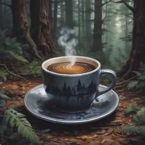 May include: A steaming cup of coffee with a forest scene design sits on a saucer in a forest setting. The cup is gray with a black silhouette of trees and a river. The background is a blurred image of a forest with tall trees and green foliage.