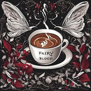 May include: A white coffee mug with the words "Fairy Blood" printed on it. The mug is filled with coffee and steam is rising from the top. The mug is surrounded by black and white illustrations of leaves, flowers, and butterflies.