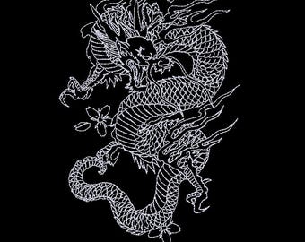 Fire Dragon Embroidery Design: Japanese Line Art (Instant Download)