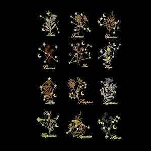 Wzór do haftu maszynowego: znaki zodiaku, kwiaty, konstelacje, znaki zodiaku, grafika liniowa, 12 wzorów, tamborek 4"x4", tamborek 5"x7".