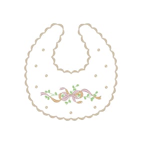 May include: A white baby bib with a scalloped edge and a delicate embroidered design of a pink bow with green leaves and gold ribbon.