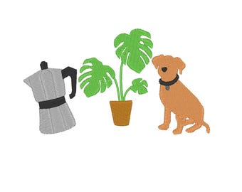 Dog Lover Embroidery Design: Coffee, Plant, Pet (4 Sizes) (Instant Download)