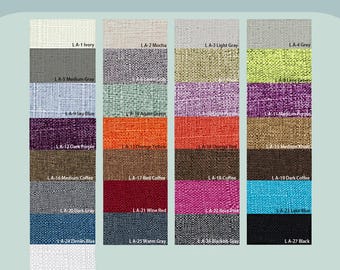 May include: A color chart displaying various linen fabric swatches. The chart includes a range of colors, such as ivory, mocha, light gray, and medium coffee. Each swatch is labeled with a color name and a code, such as "LA-1 Ivory" and "LA-2 Mocha". The text "LINEN FABRIC" is at the top.