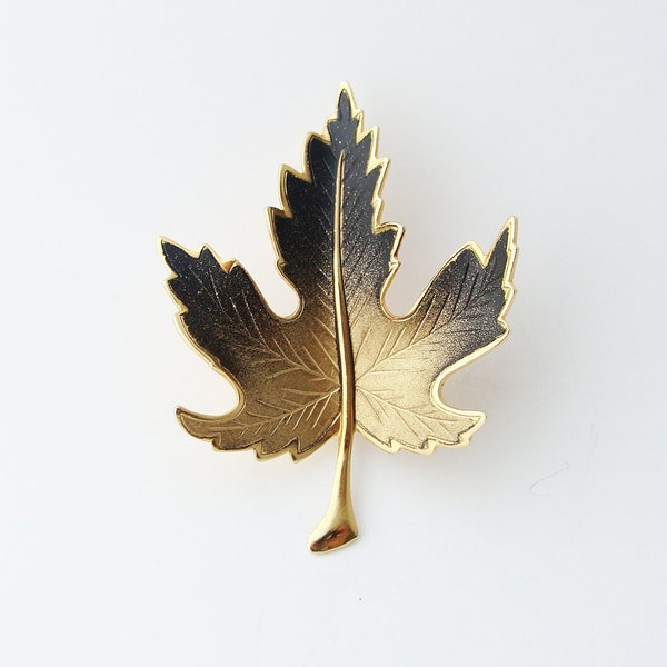 Vintage Maple Leaf Brooch, Enamel Ombre Floral Brooch, Gold Tone Black Nature Inspired Brooch, Fall Autumn Pin