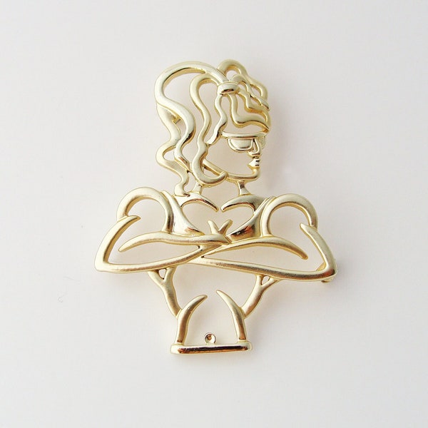 RARE Vintage Female Bodybuilder Brooch, Signed AJC Fitness Sport Girl Brooch, Figural Gold Tone Brooch