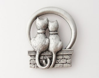 Vintage JJ Two Cats in Love Brooch, Jonette Jewelry Figural Brooch, Signed Designer Brooch, Romantic Kitten Silver Tone Pin