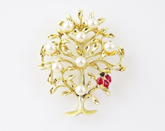 Vintage Tree of Life Brooch, Faux Pearl Enamel Floral Ladybug Brooch, Figural Nature Gold Tone Brooch, Plant Bug Insect Brooch
