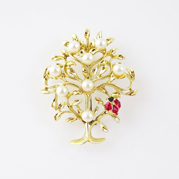 Vintage Tree of Life Brooch, Faux Pearl Enamel Floral Ladybug Brooch, Figural Nature Gold Tone Brooch, Plant Bug Insect Brooch