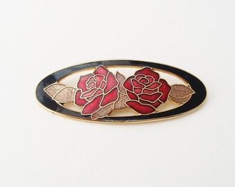 Vintage Cloisonné Enamel Flower Brooch, Red Rose Oval Brooch, Floral Gold Tone Brooch