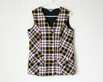 Vintage JAPAN 1960s 1970s Women’s Plaid Vest, Mod Lined V-Neck Vest, Buttons Up, Faux Pockets, Vent