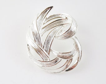 Vintage MONET Leaf Brooch, Abstract Swirl Silver Tone Brooch, Shiny Leaves Signed Designer Brooch, Floral Pin