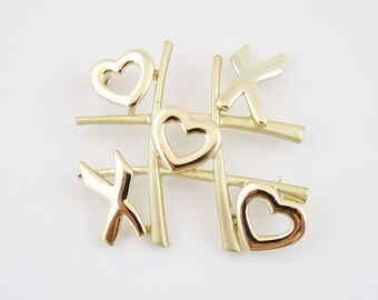 Vintage AJC Tic Tac Toe Brooch, Hearts & Xs Figural Novelty Brooch, Signed Gold Tone Brooch, Valentines Day Gift Idea