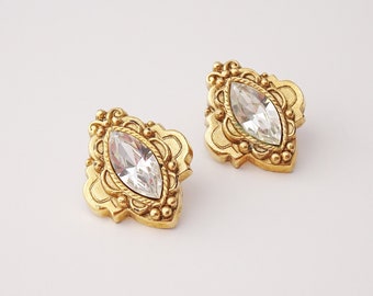Vintage Baroque Style Rhombus Pierced Earrings, Marquise Cut Faux Gemstone Ornate Earrings