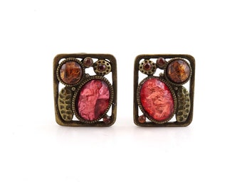 Vintage Faux Stone Rhinestone Earrings, Clip On Rectangular Multicolor Earrings