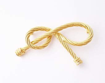 Vintage Bow Brooch, Twisted Rope Large Brooch, Gold Tone Textured Statement Brooch