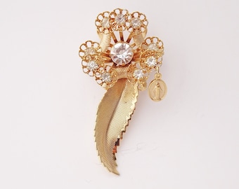 Vintage Religious Rhinestone Flower Brooch, Virgin Mary Charm Brooch, Dimensional 3D Floral Pin