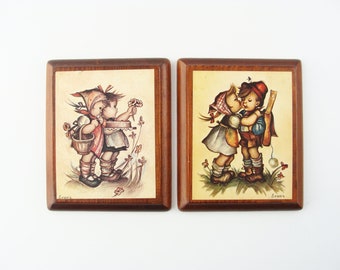 Vintage Hummel Style Wood Wall Plaques by Evans, Set of 2, Boy Girl Children Theme, Décor Wall Art