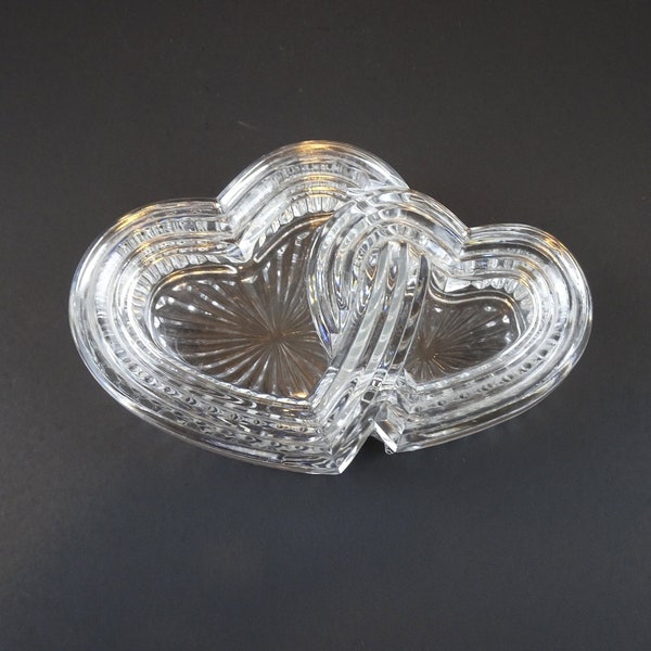 Vintage Crystal Glass Double Heart Trinket Box, Lid Covered Clear Trinket Box, Romantic Container Jewelry Storage, Valentines Wedding