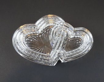 Vintage Crystal Glass Double Heart Trinket Box, Lid Covered Clear Trinket Box, Romantic Container Jewelry Storage, Valentines Wedding