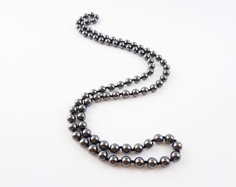 Vintage Hematite Necklace, Hand Knotted Beaded Necklace, Single Strand Shiny Necklace