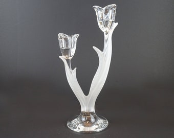 Vintage MIKASA Two Arm Candle Holder, Crystal Frosted Candlestick Holder, SPRING ARIA Tulip Shape Floral Germany Candle Holder