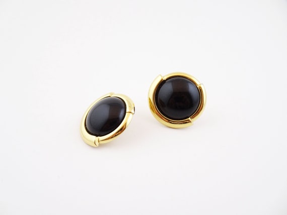 Vintage MONET Button Earrings, Black Cabochon Rou… - image 5