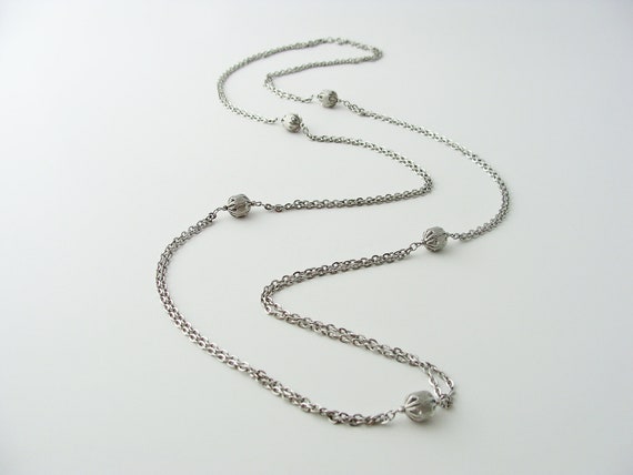 Vintage Chain Necklace with Hollow Metal Beads, L… - image 3
