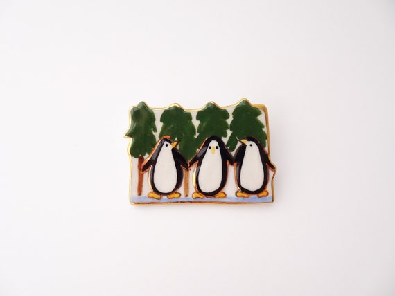 Vintage Glazed Ceramic Penguin Brooch, Nature Bir… - image 1