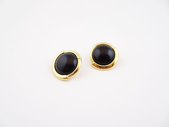 Vintage MONET Button Earrings, Black Cabochon Rou… - image 1