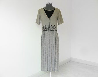 Vintage 1990s Checkered Midi Dress, ANOTHER THYME Crinkle Crushed Fabric Dress, Embroidered Faux Vest Dress, Short Sleeve