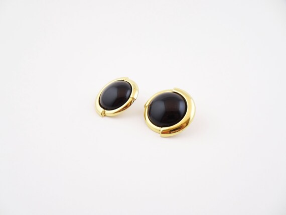Vintage MONET Button Earrings, Black Cabochon Rou… - image 2