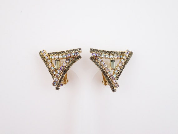 Vintage Aurora Borealis Rhinestone Earrings, Gree… - image 1
