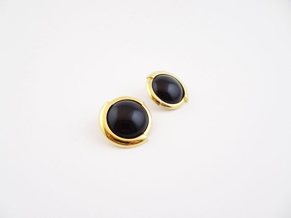 Vintage MONET Button Earrings, Black Cabochon Rou… - image 3