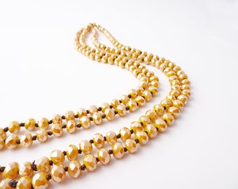 Vintage Flapper Glass Bead Necklace, Knotted Mustard Yellow Long Necklace, Single Strand Shiny Faceted Beaded Necklace