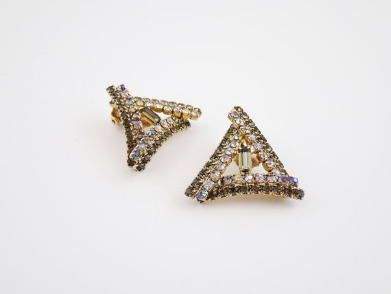 Vintage Aurora Borealis Rhinestone Earrings, Gree… - image 2
