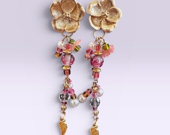 Angel Wings Earrings. Bridal Earrings  Flower Stud Earrings with Wings for Remembrance. Handmade.