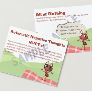 Peut inclure: Deux cartes illustrées avec un fond vert et une nappe de pique-nique rouge. La première carte représente une fourmi rouge avec une bulle de pensée qui dit "Si je ne peux pas être le gagnant, il n'y a aucun intérêt à essayer." La deuxième carte représente une fourmi rouge portant des lunettes et le texte "Automatic Negative Thoughts (A.N.T.s)" et "Automatic Negative Thoughts are negative thoughts that appear in your mind without you trying. ANTs often start in response to difficult situations. It can be helpful to know the different types of ANTs, so you can be on the lookout for them."