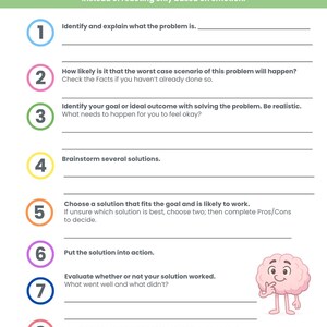 May include: A worksheet titled "Problem Solving" with steps to manage emotions. The steps include identifying the problem, brainstorming solutions, and evaluating outcomes. A cartoon brain figure is on the right.
