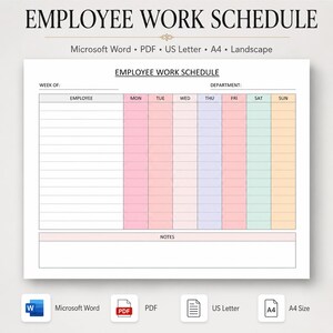 Könnte beinhalten: Eine digitale Vorlage für einen Mitarbeiter-Arbeitsplan mit weißem Hintergrund und Rasterlayout. Die Tabelle enthält Spalten für Mitarbeiternamen und Wochentage, farblich gekennzeichnet in Pink, Lila, Grün und Orange sowie einen Notizbereich.