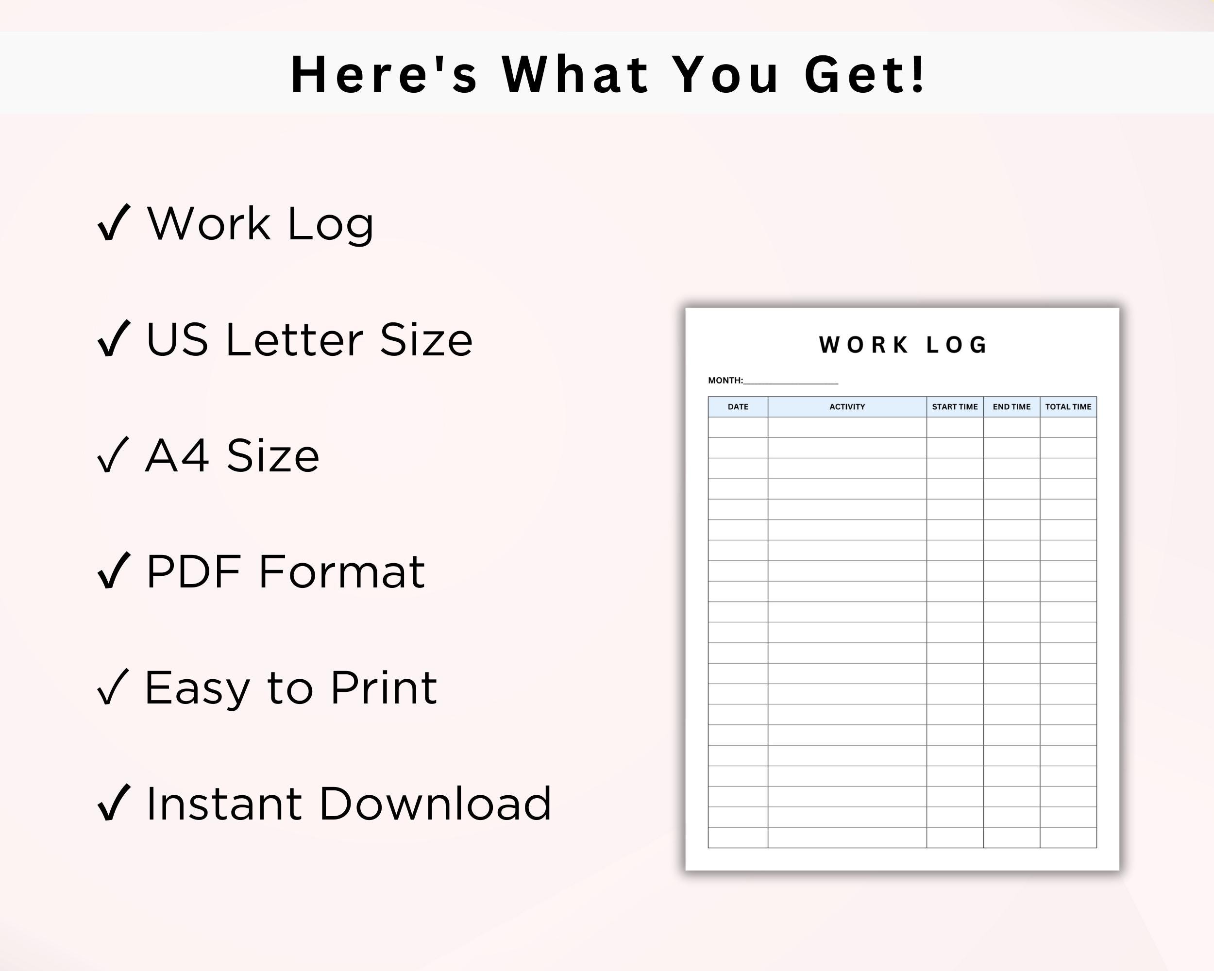 Work Time Log Printable, Time Sheet & Time Tracker Template, Daily Time ...
