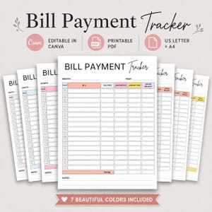 Bill Payment Tracker, Monthly Bill Log and Bill Planner, Printable Bill Payment Checklist, Canva & PDF
