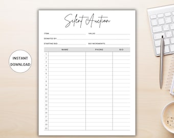 Silent Auction Bid Sheet. Silent Auction Sign up Sheet. Silent auction bidding sheet. Fundraiser sheet. Printable PNG PDF. Editable in Canva