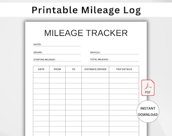 Mileage Tracker Printable, Business Mileage Log, Work Trip Miles Tracker, Monthly Mileage Report Form, Driving Log PDF