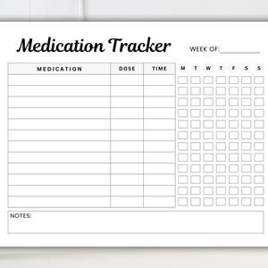 Puede incluir: Un rastreador de medicamentos imprimible con un espacio en blanco para la semana de, el medicamento, la dosis, la hora y una cuadrícula para cada día de la semana. La cuadrícula tiene un espacio para cada día de la semana, de lunes a domingo. Hay una sección de notas en la parte inferior.