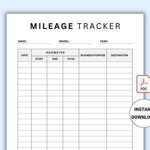 Può includere: Un tracker di chilometraggio stampabile con colonne per data, letture di inizio e fine dell'odometro, chilometraggio totale, scopo commerciale e destinazione.