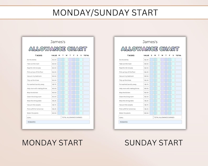 Allowance Part List Example Allowance Chore Chart Printable | Kids Chore & Money Log | Budget Sheet ...