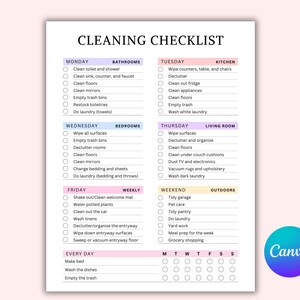 Cronograma de Limpeza EDITÁVEL. Lista de Verificação de Limpeza. Planejador de Limpeza. Rotina de Limpeza. Cronograma de Limpeza Semanal. Lista de Tarefas Domésticas CANVA