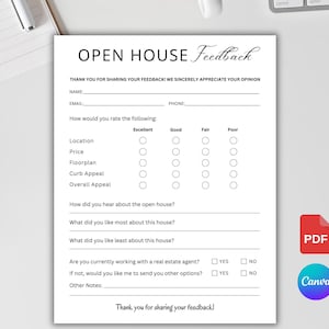 Open House Feedback Form Printable. Real Estate Agent Open House Feedback. Open Feedback Questionnaire. Realtor Tour Feedback Form Canva PDF
